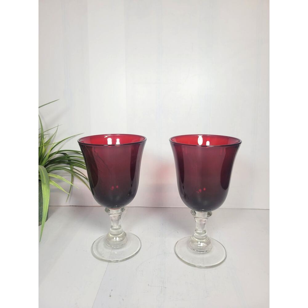 Vintage Ruby Red Water Goblets Clear Ball Stem Glass Wine Glasses Set of 2 MCM